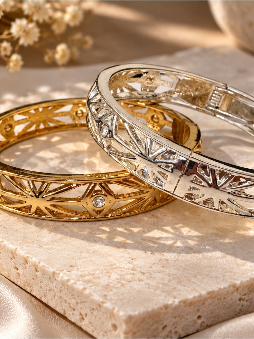Gold and Silver Filigree Bangle Bracelet Set - Elegant Women's Jewelry